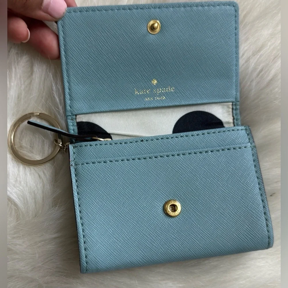 kate spade light Blue Key Card Holder bifold wallet coin polka dot interior